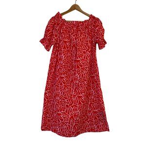 H&M Coral Print Puff Sleeve Midi Dress Kaftan Off Shoulder Red‎ Pink Beachy